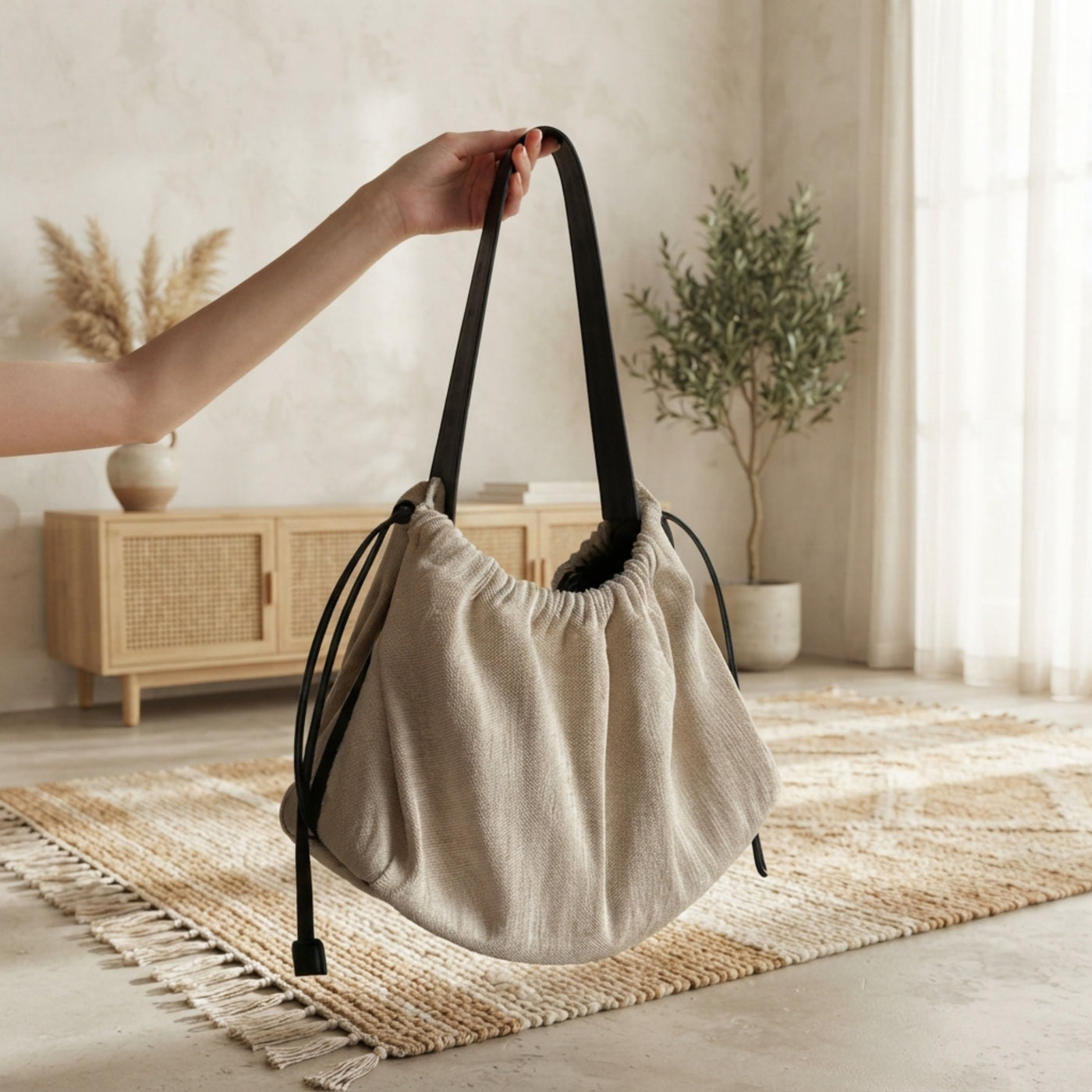 Premium Cotton and Linen Drawstring Closure Handbag