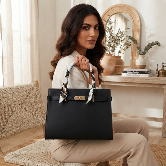 Black Leather Top Handle Handbag With Scarf