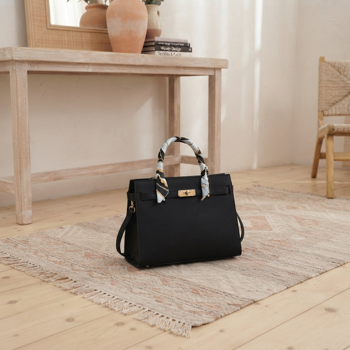 Black Leather Top Handle Handbag With Scarf