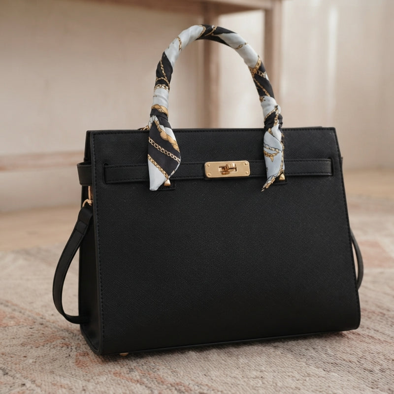 Black Leather Top Handle Handbag With Scarf – Black