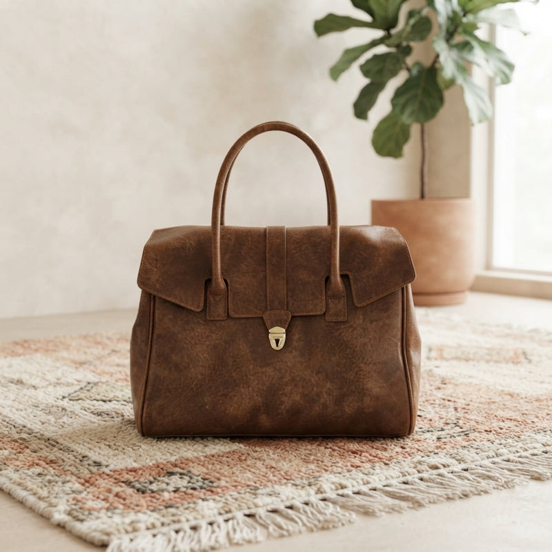 Premium Buckle PU Leather Handbag – Dark Brown