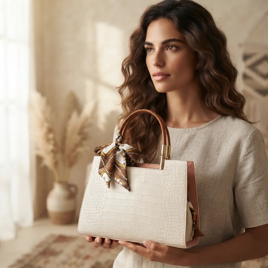 Crocodile Embossed Top Handle Handbag with Scarf