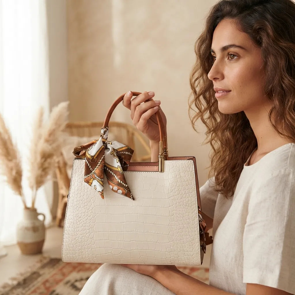 Crocodile Embossed Top Handle Handbag with Scarf