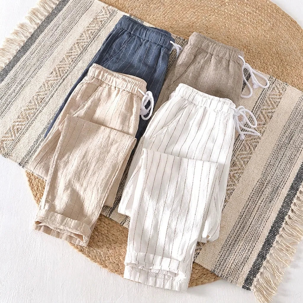 PureOnSkin Men's Summer Cotton and Linen Striped Pants