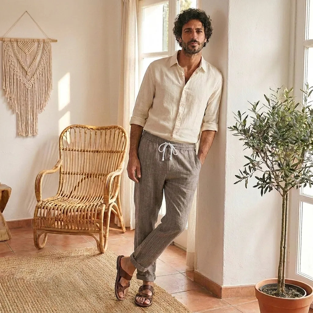 PureOnSkin Men's Summer Cotton and Linen Striped Pants