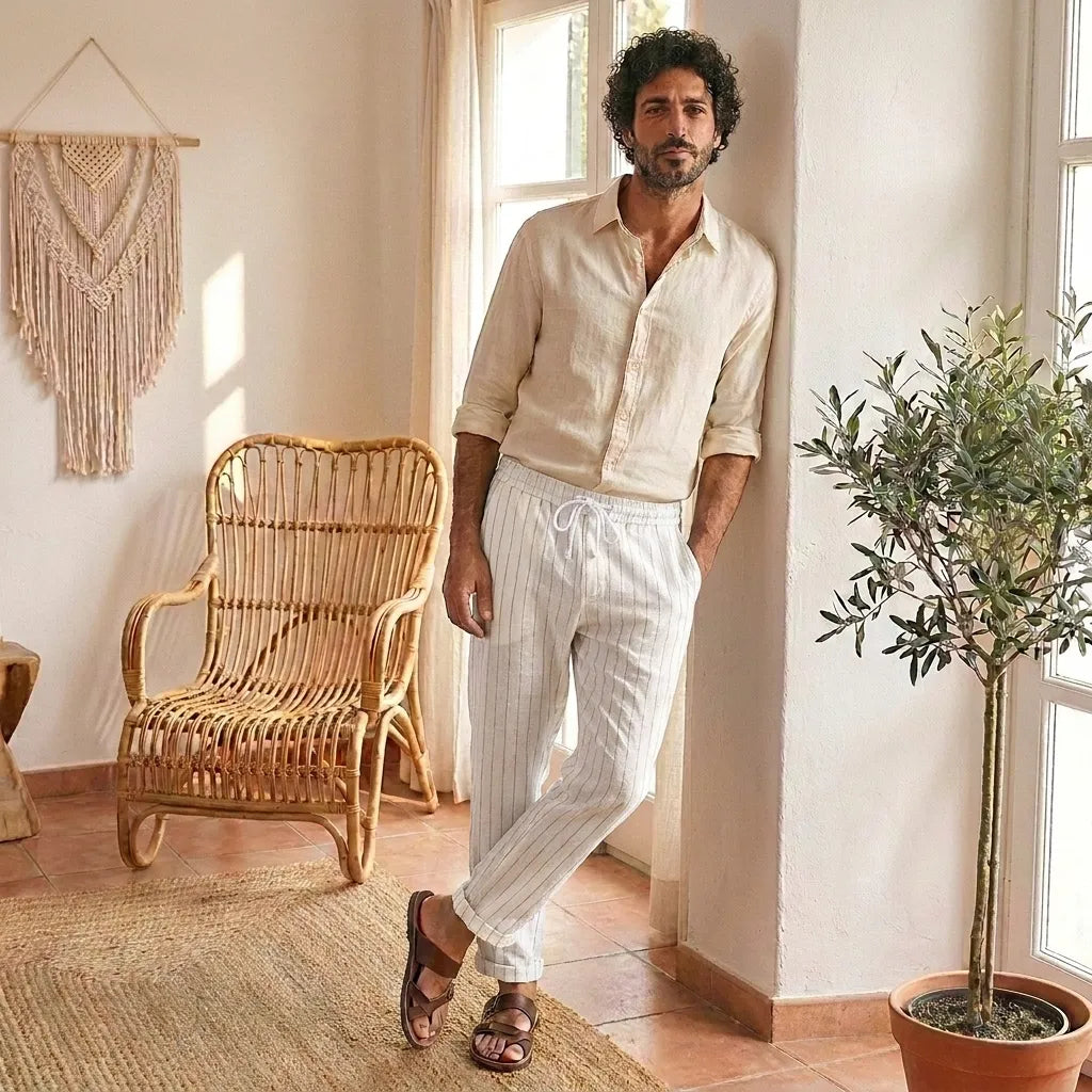 PureOnSkin Men's Summer Cotton and Linen Striped Pants