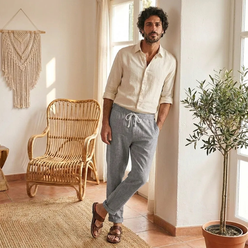 PureOnSkin Men's Summer Cotton and Linen Striped Pants