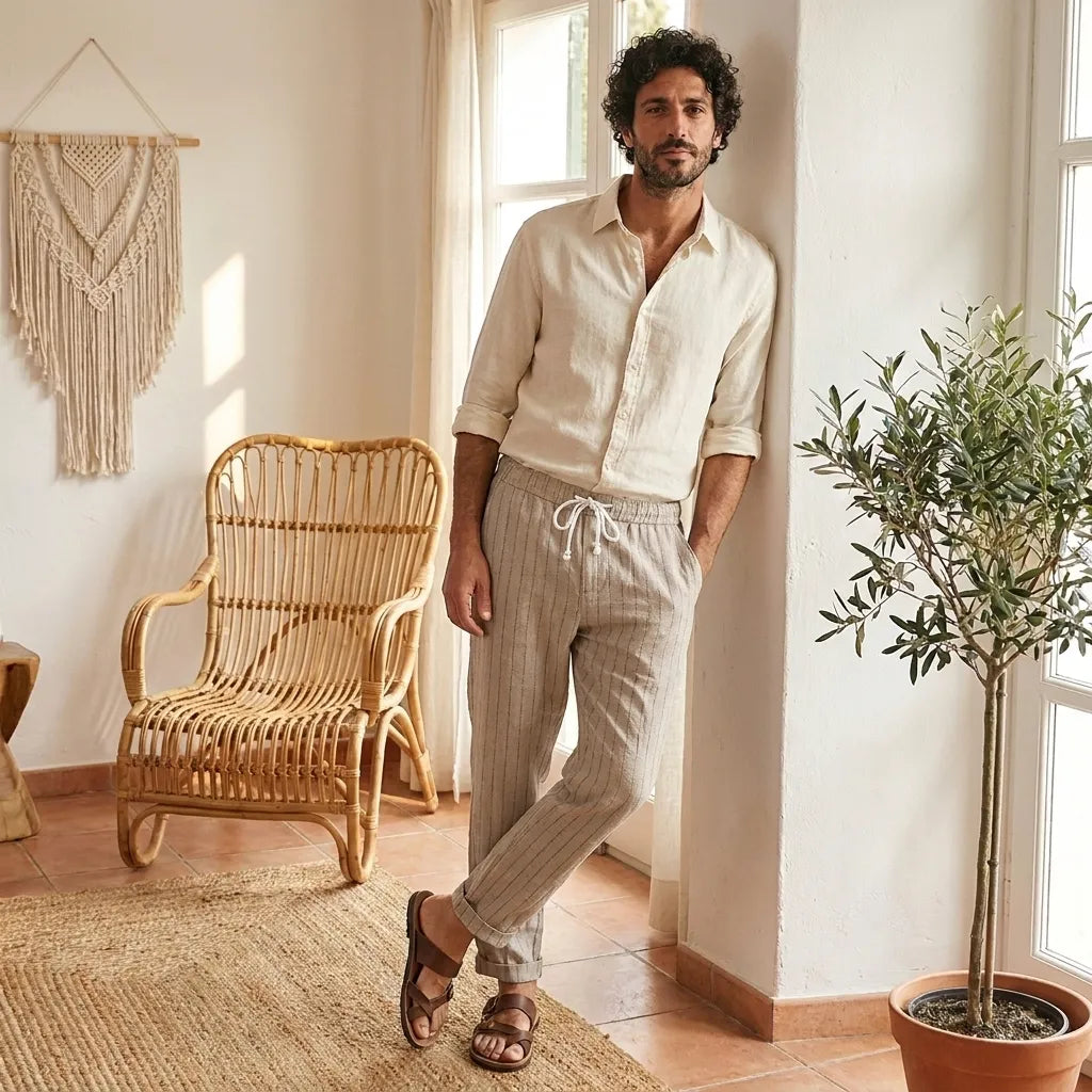 PureOnSkin Men's Summer Cotton and Linen Striped Pants