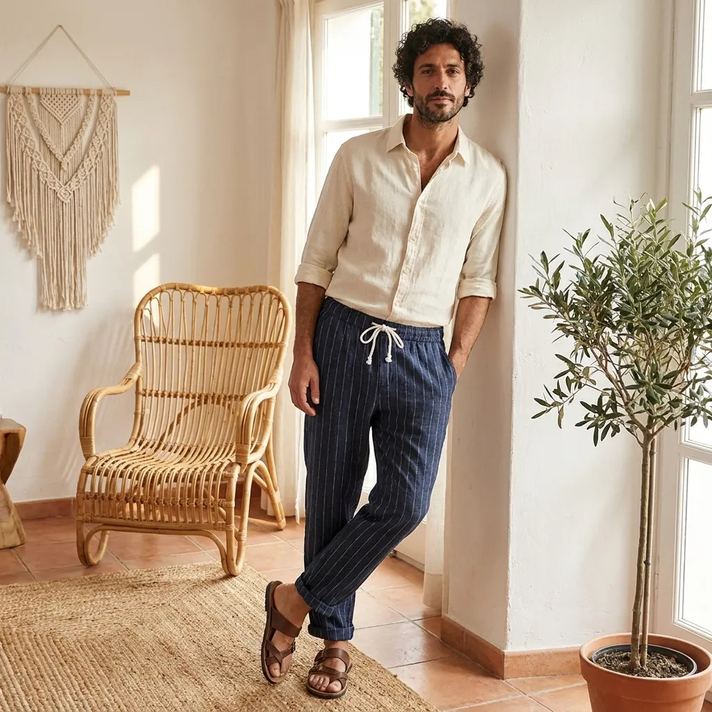 PureOnSkin Men's Summer Cotton and Linen Striped Pants