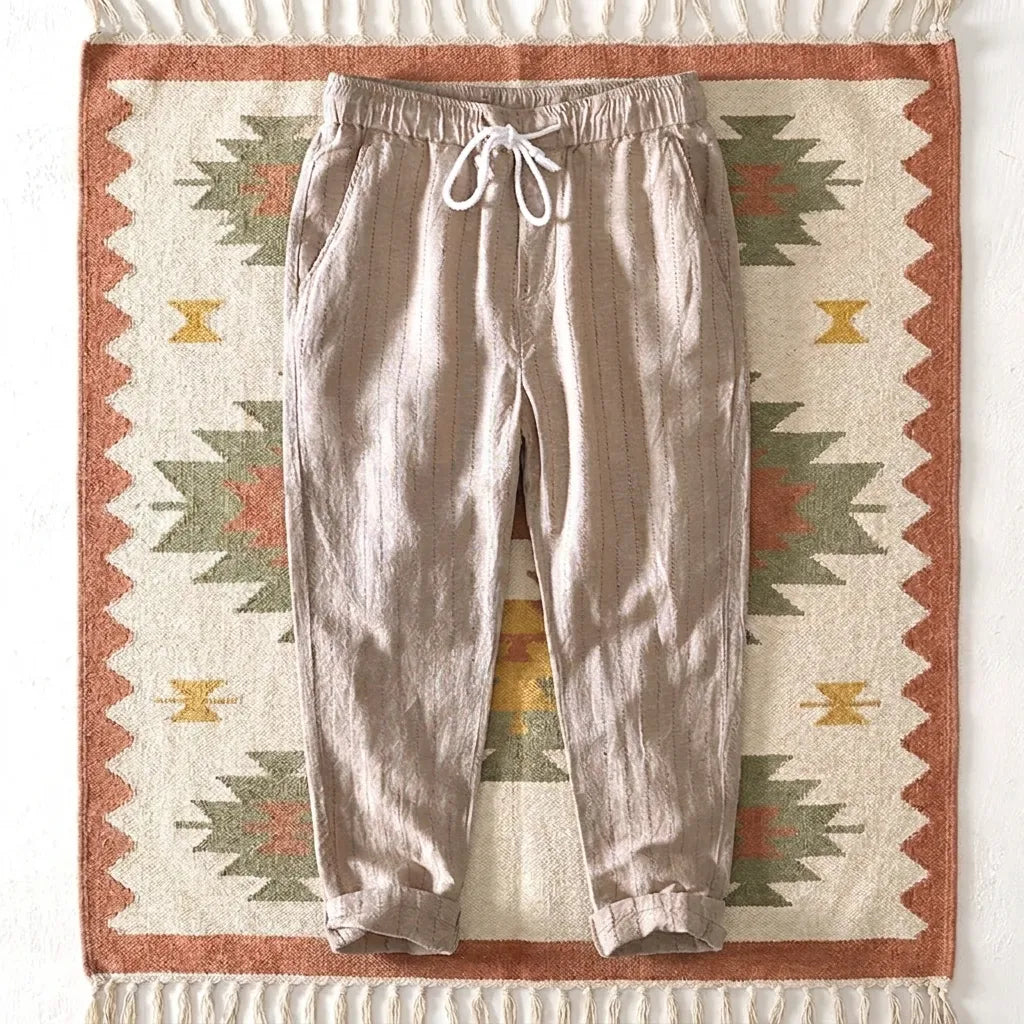 PureOnSkin Men's Summer Cotton and Linen Striped Pants