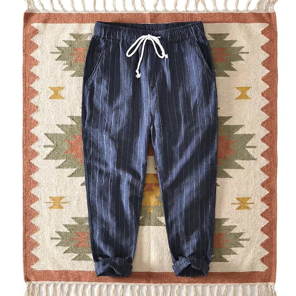 PureOnSkin Men's Summer Cotton and Linen Striped Pants