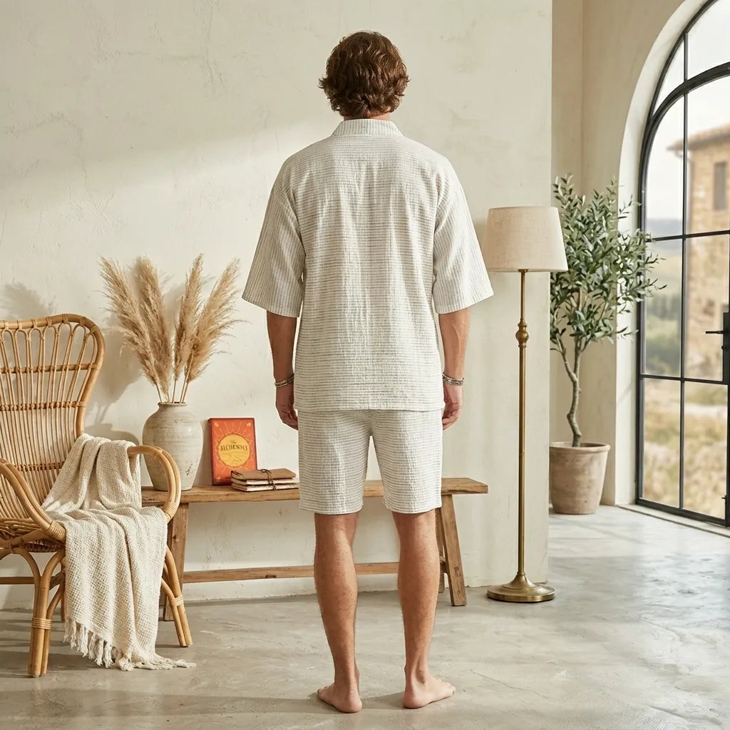PureOnSkin Men's Japanese Style Cotton Kimono Pajama Set