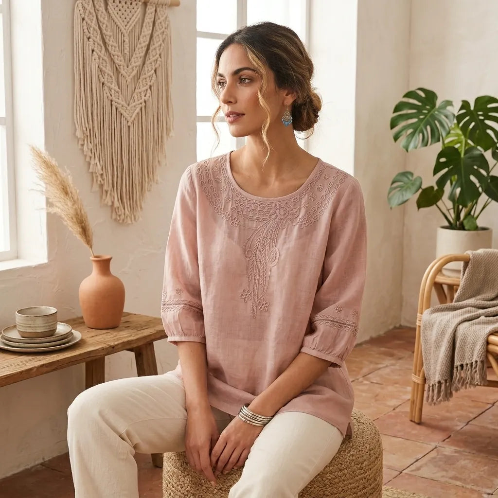 PureOnSkin Vintage Cotton and Linen Embroidered Shirt