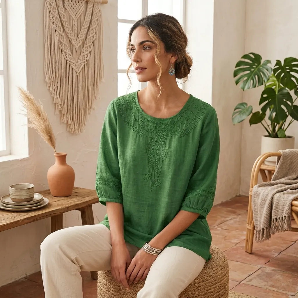 PureOnSkin Vintage Cotton and Linen Embroidered Shirt