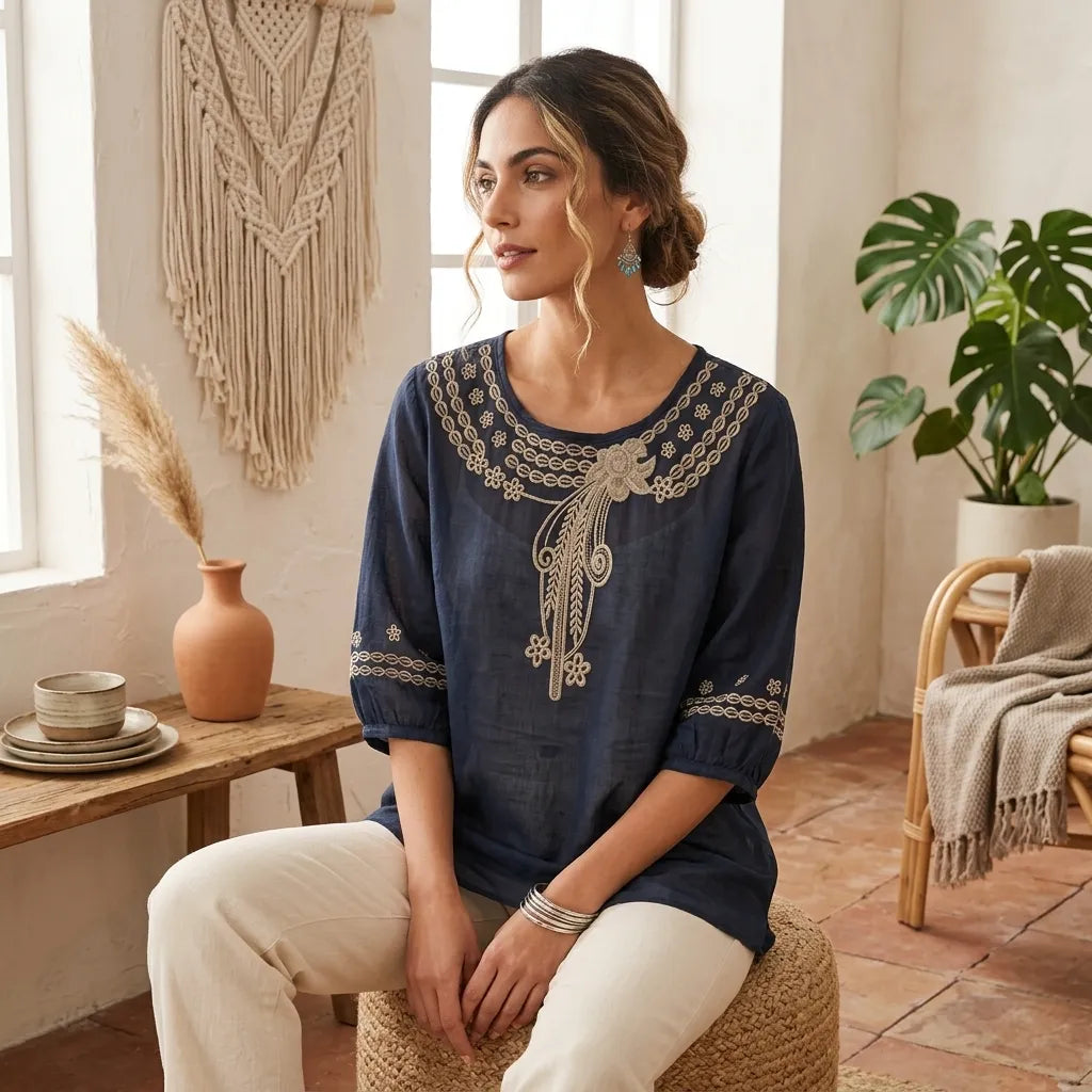 PureOnSkin Vintage Cotton and Linen Embroidered Shirt