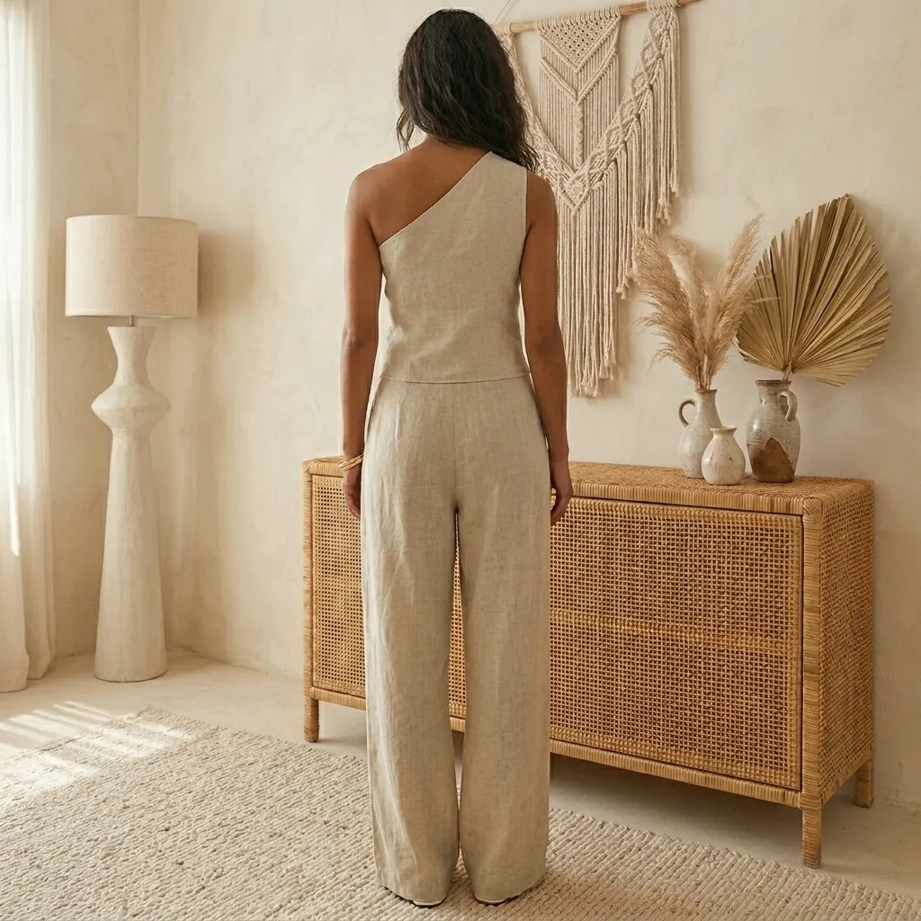 PureOnSkin Women's Cotton Linen Sleeveless Vest Irregular Collar Suit Two-Piece Set