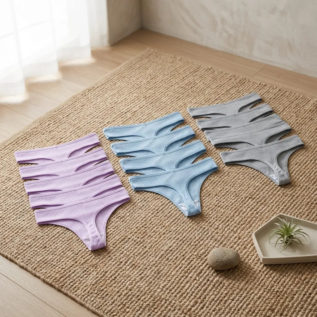 PureOnSkin Women's Premium 100% Cotton Low-Rise Thongs 5-Piece Hypoallergenic Comfort Set