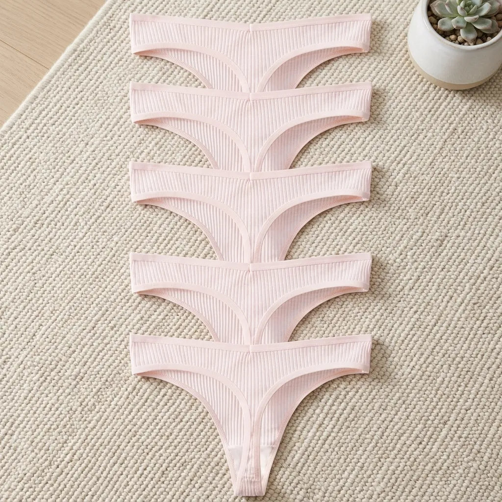 PureOnSkin Women's Premium 100% Cotton Low-Rise Thongs 5-Piece Hypoallergenic Comfort Set