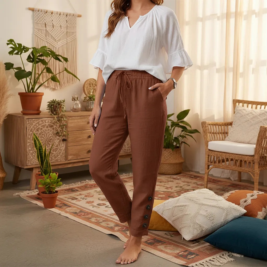 High-quality weave of the PureOnSkin Signature Cotton Linen Straight Leg Trousers highlighting the soft natural fibers.