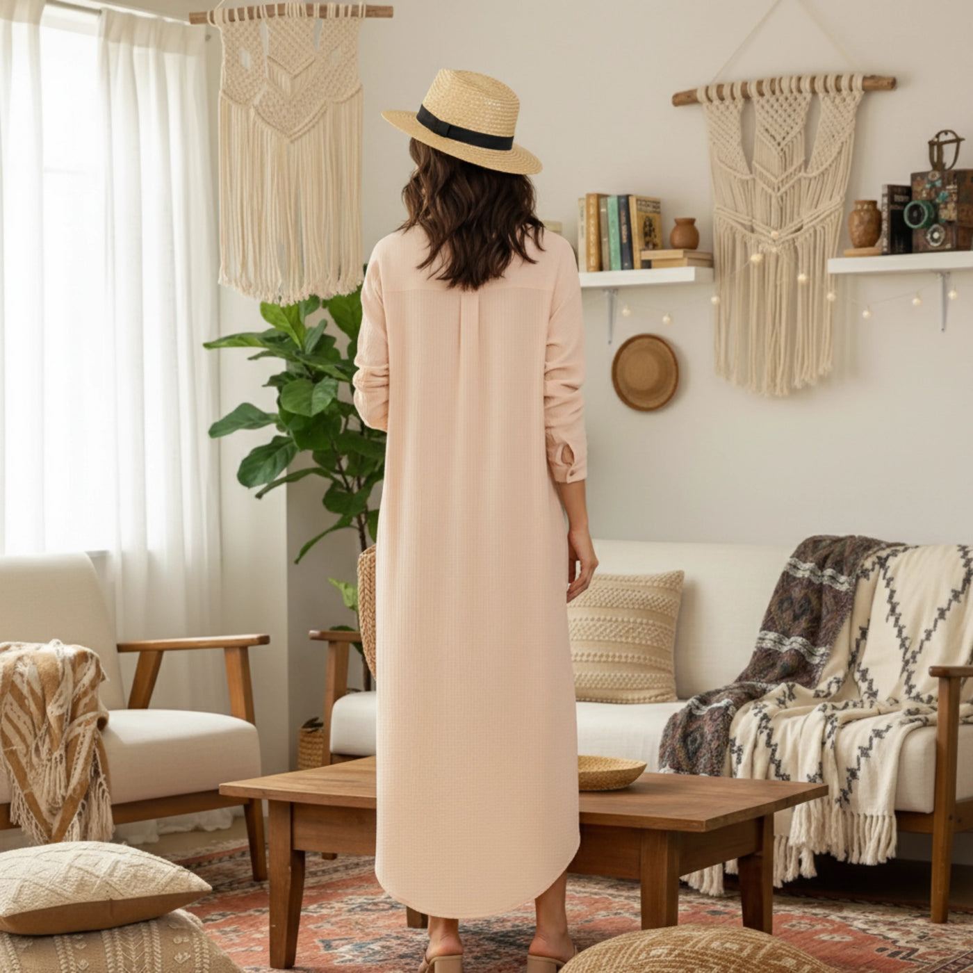 Front view of the PureOnSkin Textured Cotton Button Front Slit Midi Dress showing the button-down closure and leg slit.