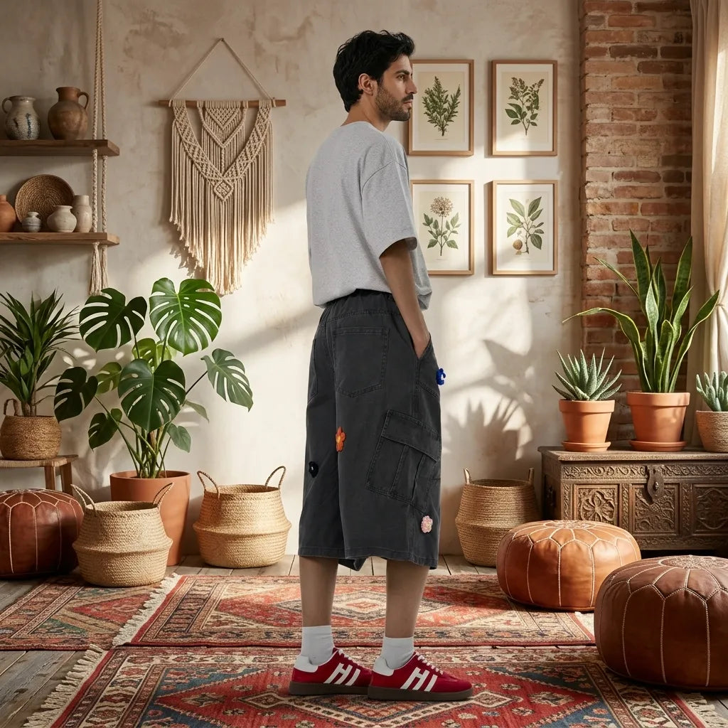 PureOnSkin Friction-Free Men’s Cotton Cargo Shorts with Drawstring for Sensitive Skin & Eczema Comfort
