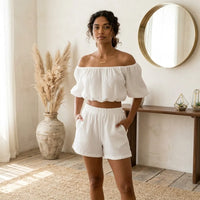 PureOnSkin Hypoallergenic Ruched Off-Shoulder Cotton Crop Top and Shorts Set for Sensitive Skin & Eczema Comfort