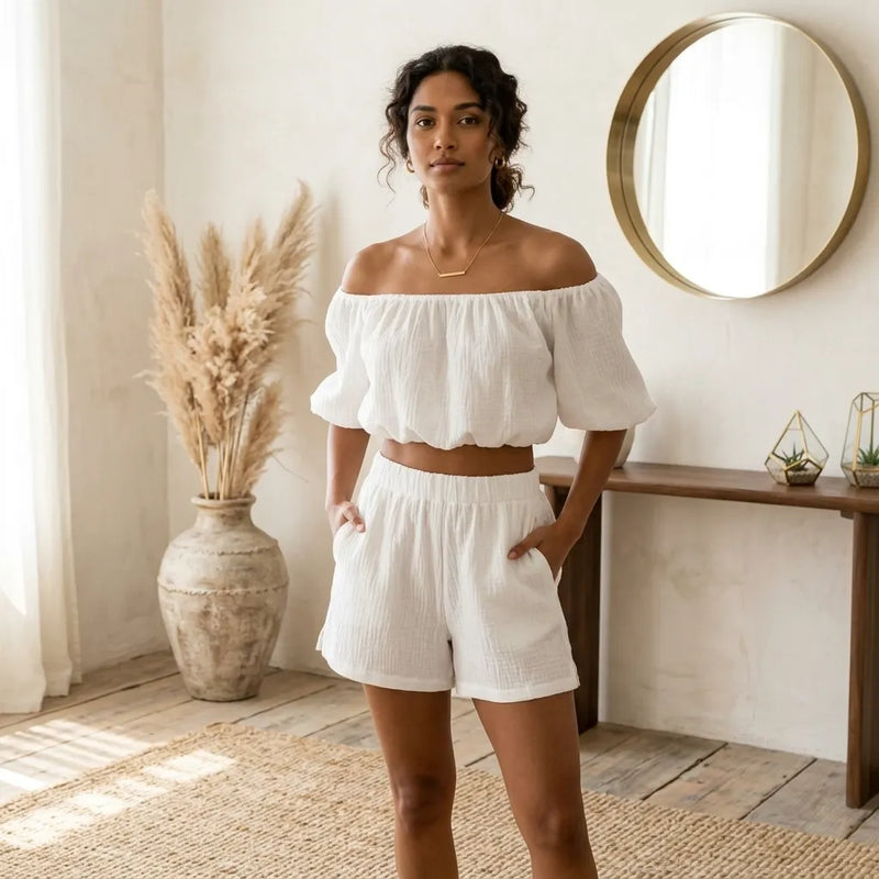 PureOnSkin Hypoallergenic Ruched Off-Shoulder Cotton Crop Top and Shorts Set for Sensitive Skin & Eczema Comfort – White