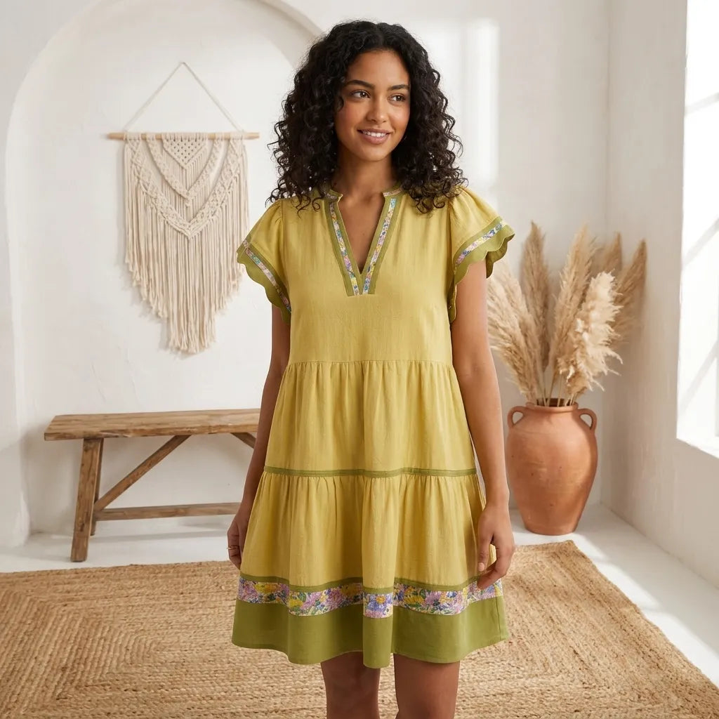 PureOnSkin Umgee Linen-Cotton Tiered Flutter Sleeve Dress with Floral Trim
