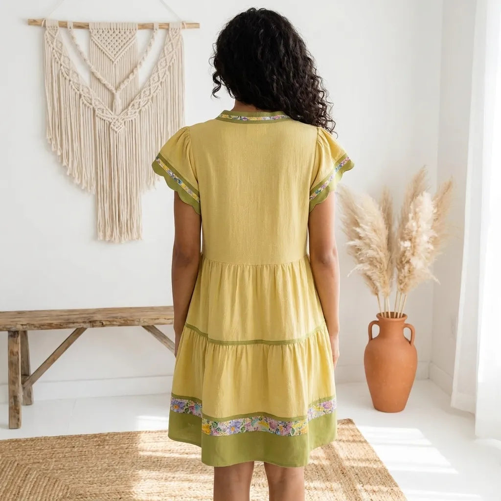 PureOnSkin Umgee Linen-Cotton Tiered Flutter Sleeve Dress with Floral Trim