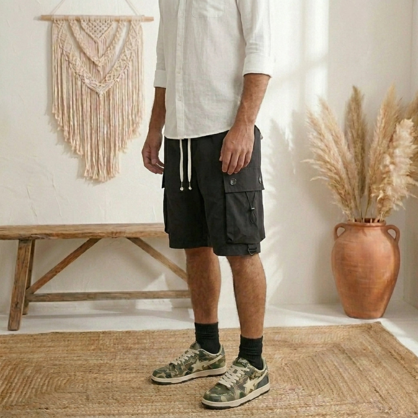 PureOnSkin Men's Casual Drawstring Cargo Shorts - 100% Breathable Cotton