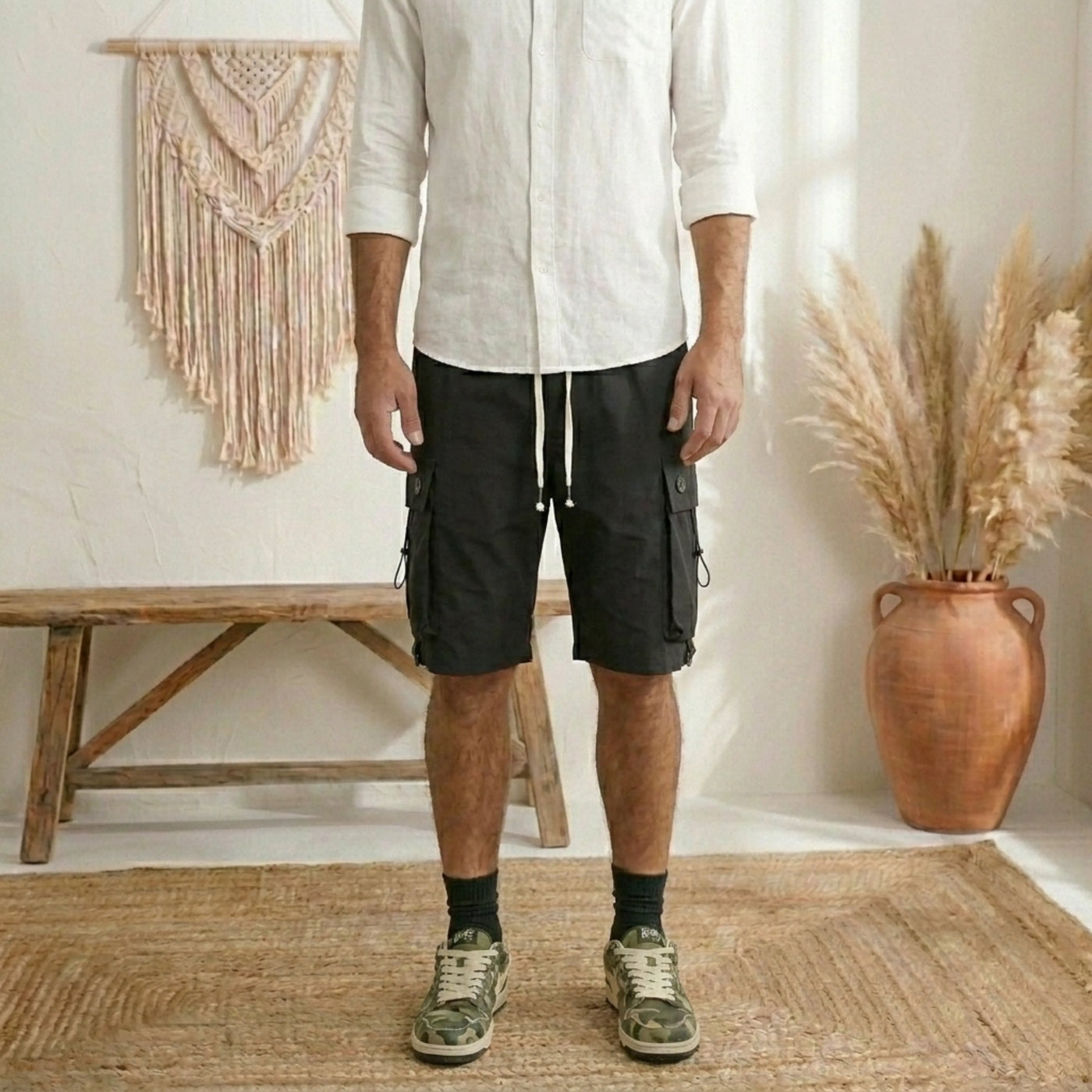 PureOnSkin Men's Casual Drawstring Cargo Shorts - 100% Breathable Cotton