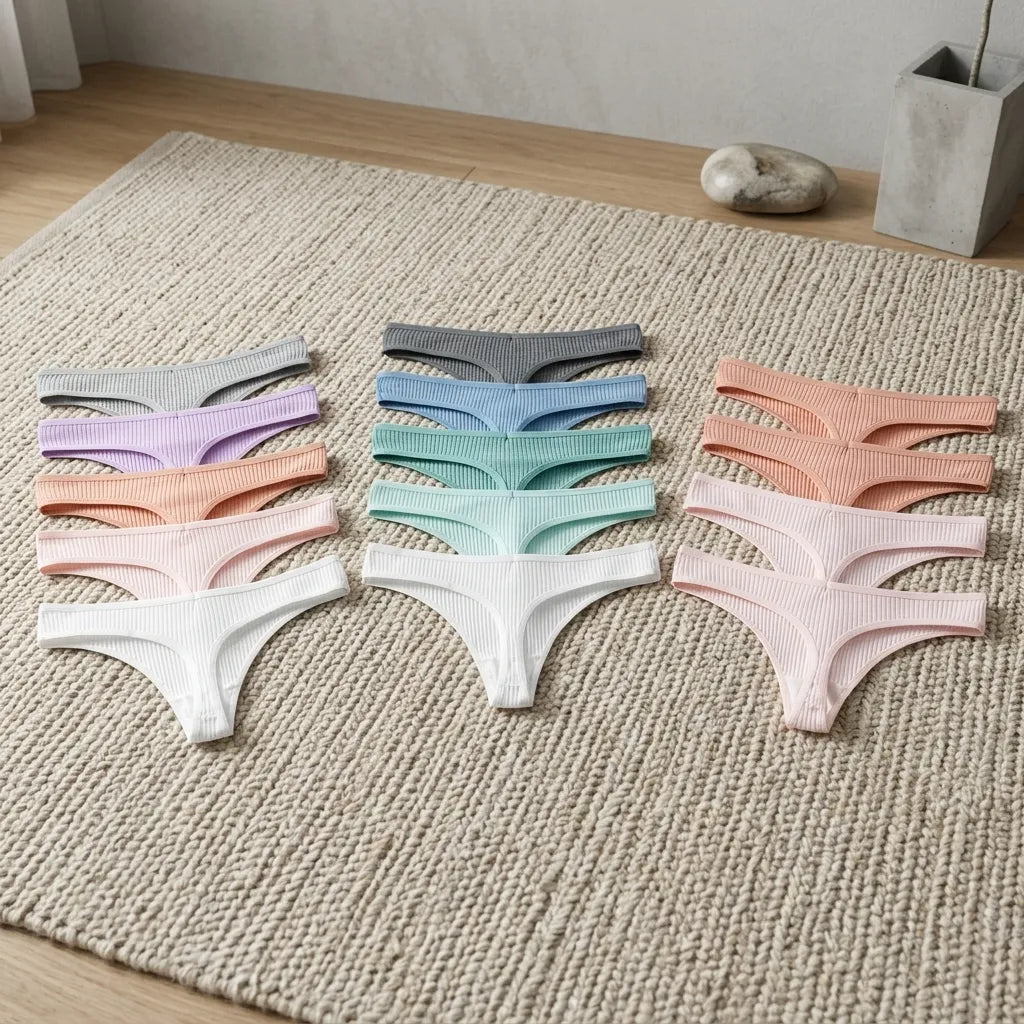 PureOnSkin Women's Premium 100% Cotton Low-Rise Thongs 5-Piece Hypoallergenic Comfort Set