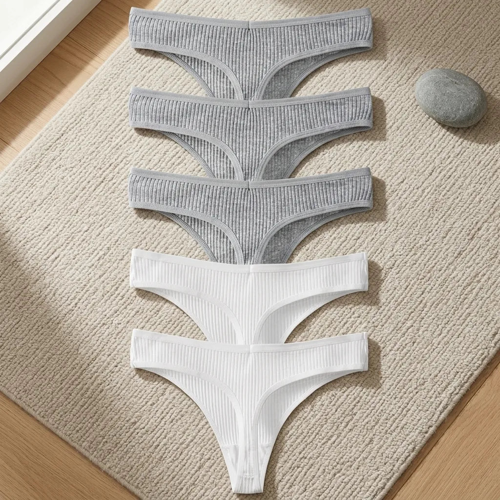 PureOnSkin Women's Premium 100% Cotton Low-Rise Thongs 5-Piece Hypoallergenic Comfort Set