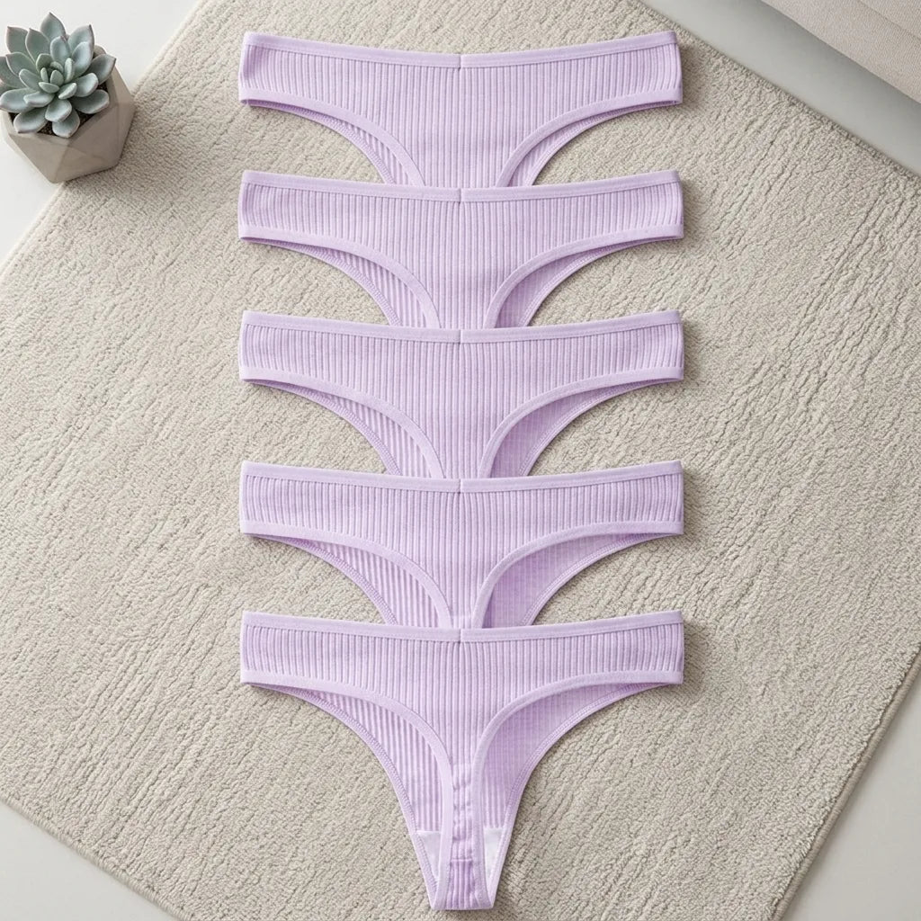 PureOnSkin Women's Premium 100% Cotton Low-Rise Thongs 5-Piece Hypoallergenic Comfort Set