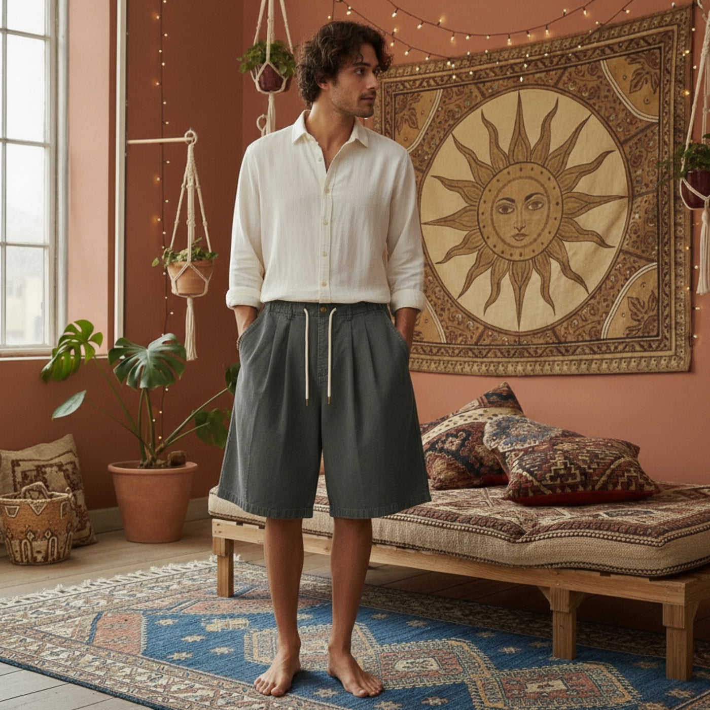 Model wearing Men’s Wide Leg Cotton Shorts for a breathable and effortless casual summer look.