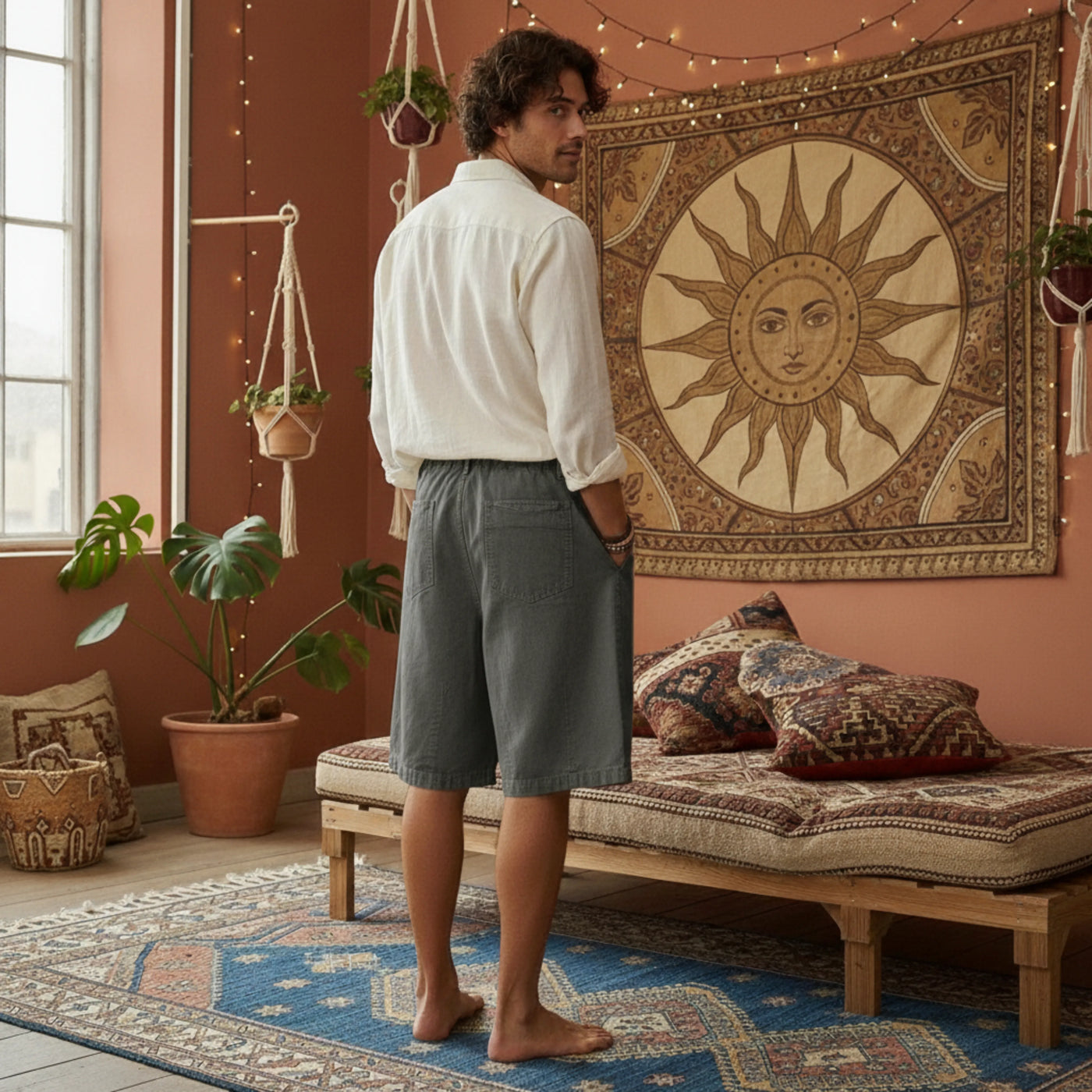 Rear view of Men’s Wide Leg Cotton Shorts showing the relaxed fit and functional back pocket design.