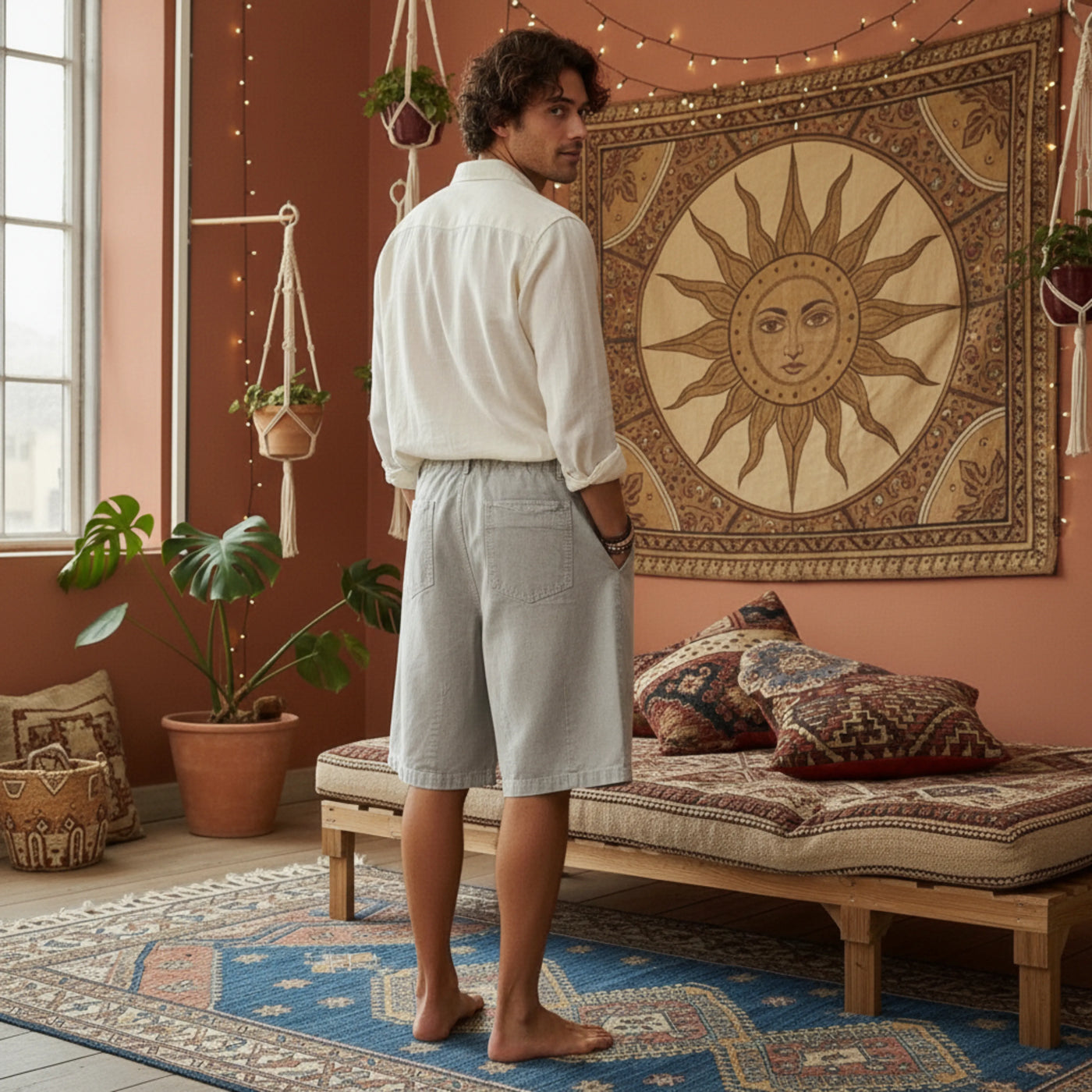 Front view of Men’s Wide Leg Cotton Shorts showing the adjustable drawstring waistband and wide leg silhouette.
