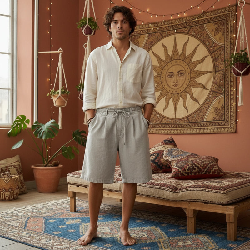 PureOnSkin Friction-Free Men’s Wide Leg Cotton Shorts with Drawstring for Sensitive Skin & Eczema Comfort – Light Gray