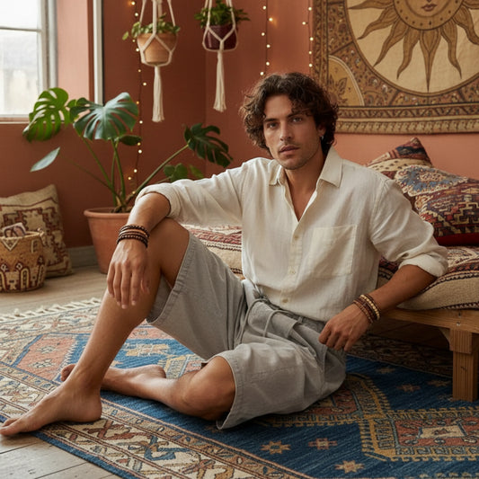 Men’s Wide Leg Cotton Shorts in a washed casual finish with a comfortable drawstring and side pockets.