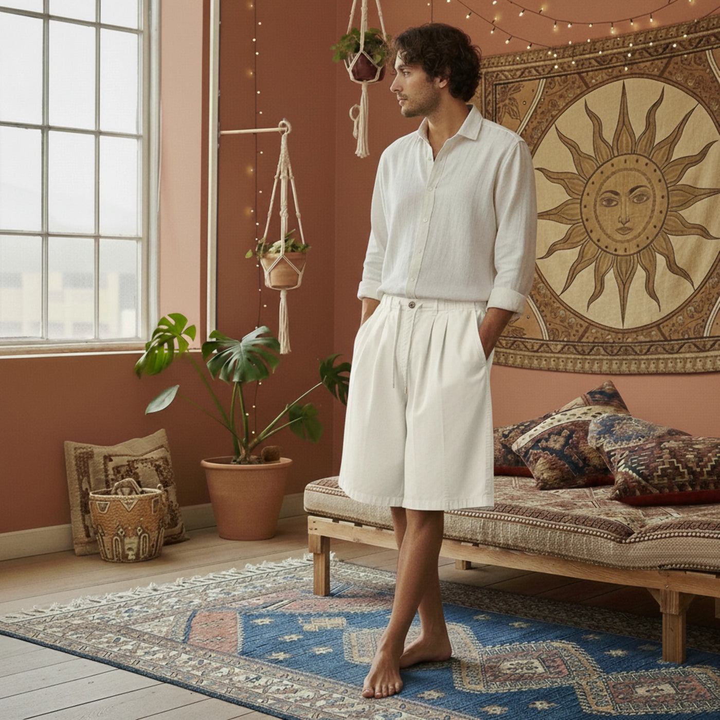 Model wearing PureOnSkin Men's Relaxed Fit Cotton Casual Shorts for a classic and skin-friendly casual outfit.