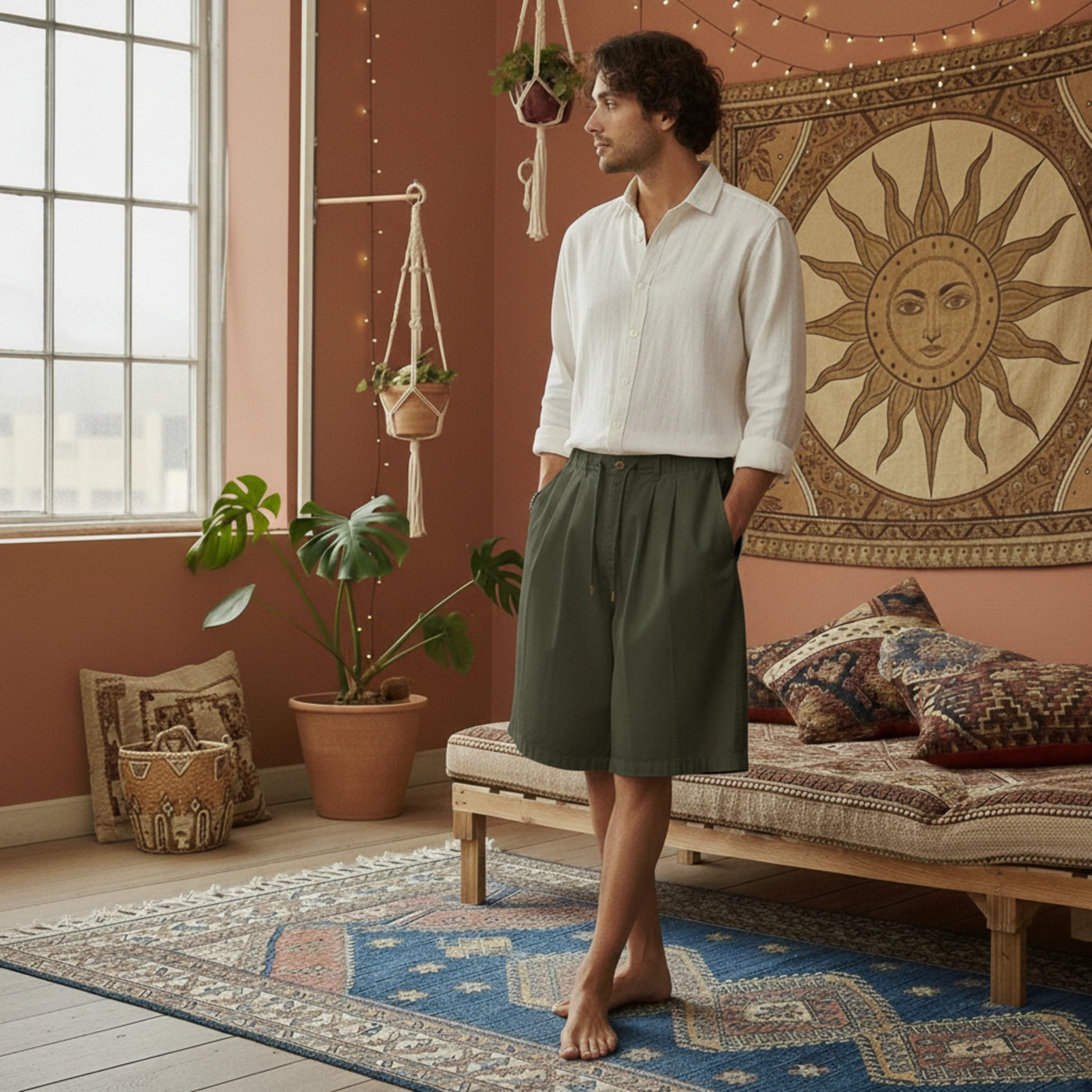 Model wearing PureOnSkin Men's Relaxed Fit Cotton Casual Shorts for a classic and skin-friendly casual outfit.
