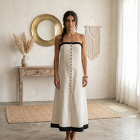 PureOnSkin Breathable Linen Cotton Button Front Tube Maxi Dress for Sensitive Skin & Eczema Relief