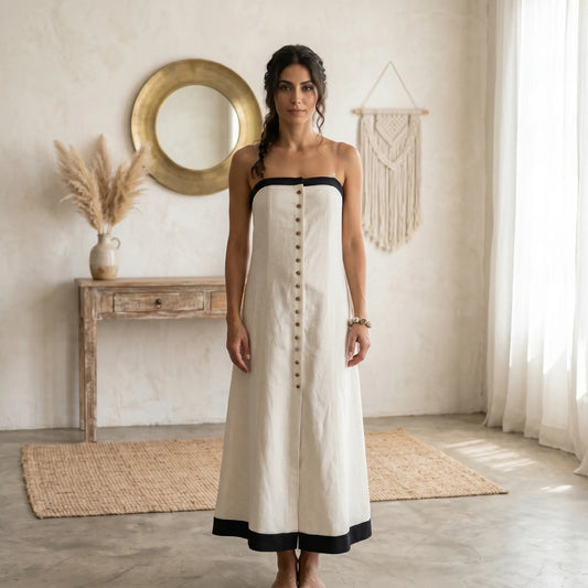 PureOnSkin Breathable Linen Cotton Button Front Tube Maxi Dress for Sensitive Skin & Eczema Relief