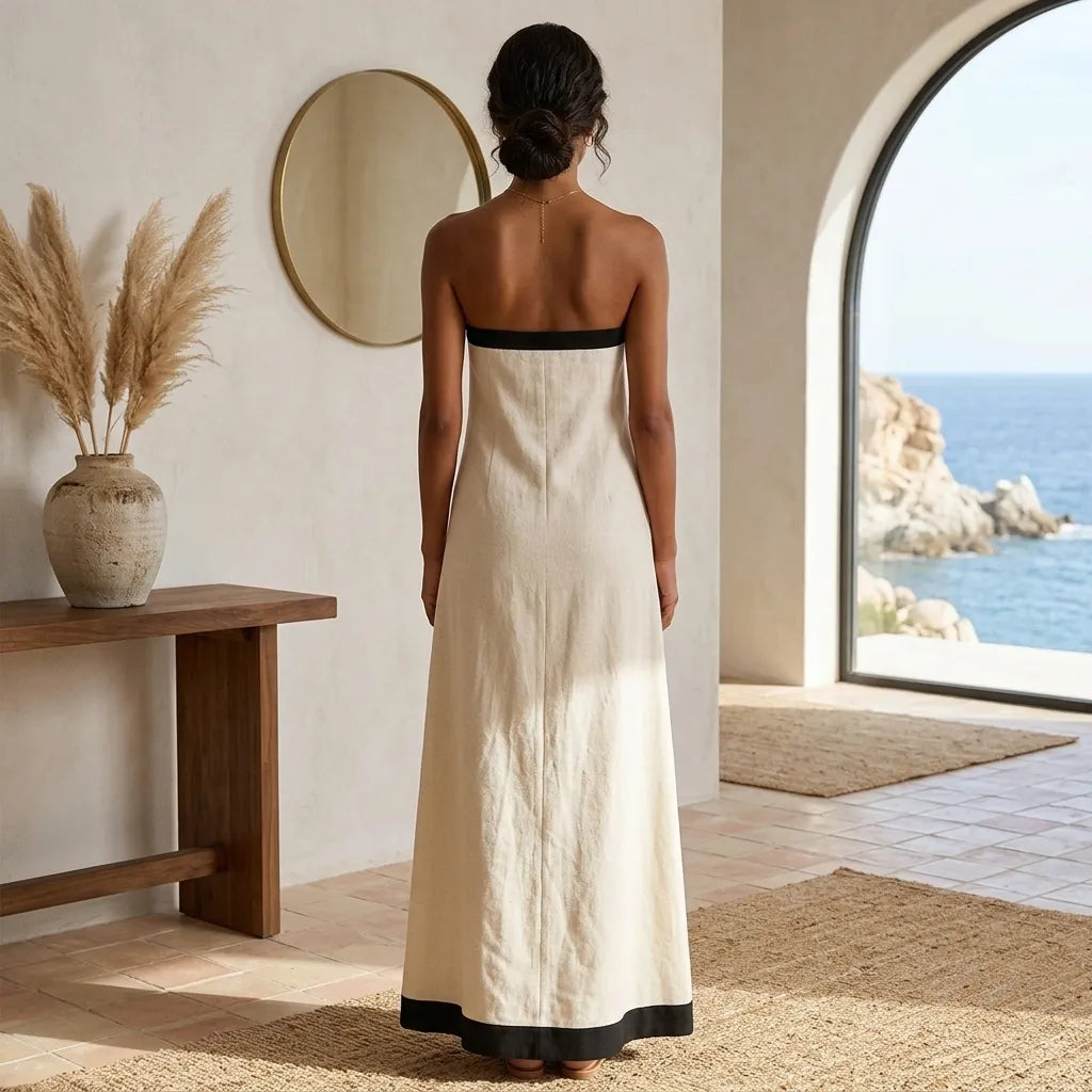 PureOnSkin Breathable Linen Cotton Button Front Tube Maxi Dress for Sensitive Skin & Eczema Relief