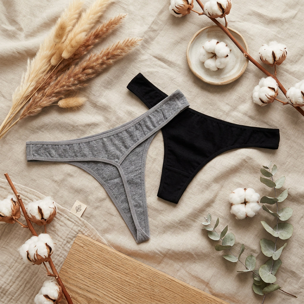 Two pairs of thong-style underwear laid flat on a light gray fabric surface: one heather gray and one solid black. A white card with cotton stems sits in the upper left as a styled prop.
