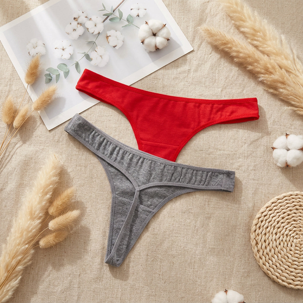 Two pairs of thong-style underwear laid flat on a light gray fabric surface: one bright red pair and one heather gray pair, with a small white floral card partially visible at the top left.