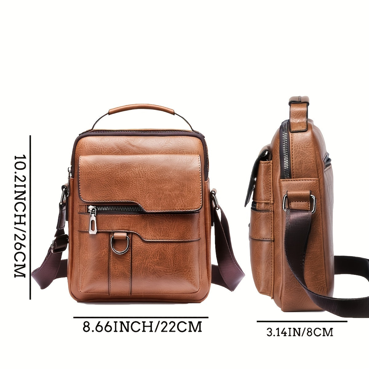 Brown leather crossbody bag with measurements on a white background