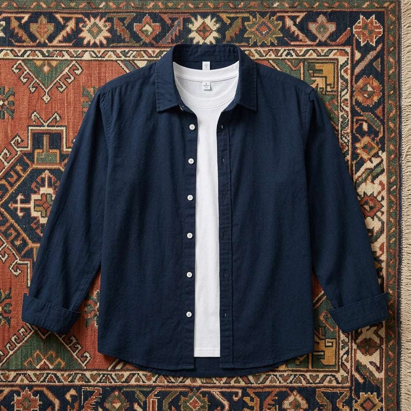PureOnSkin Breathable Men’s Plus Size Cotton-Linen Button Up Shirt for Sensitive Skin & Eczema Relief – Navy Blue
