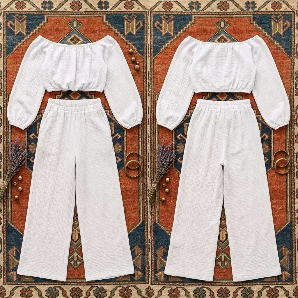 Women’s Off Shoulder Cotton Top and Pants Set – Two Piece Casual Outfit Set