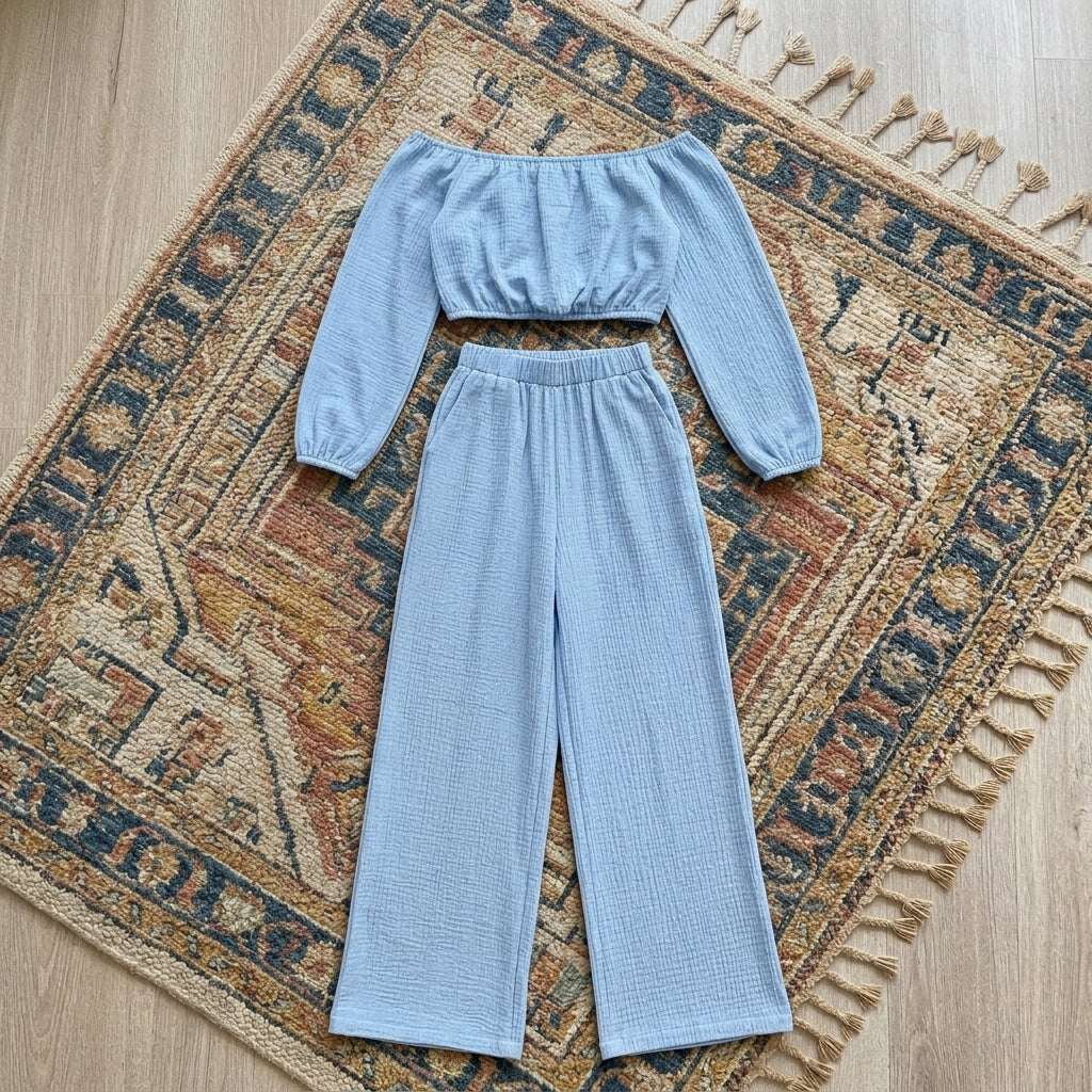 Women’s Off Shoulder Cotton Top and Pants Set – Two Piece Casual Outfit Set